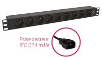 Bandeau PDU 19'' 1U, 9 prises FR sans interrupteur et prise secteur IEC C14 mâle